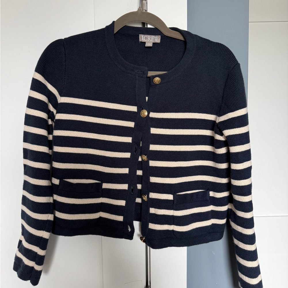 J. Crew Emile Navy and Cream Striped Lady Sweater Jacket